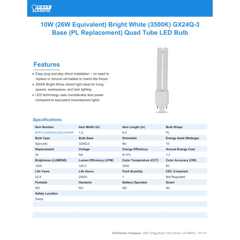 Feit PL GX24Q-3 4-Pin LED Tube Light Neutral White 26 Watt Equivalence 1 pk