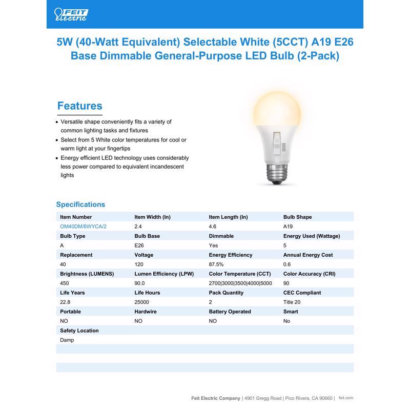 Feit LED A19 E26 (Medium) LED Bulb Color Changing 40 Watt Equivalence 2 pk