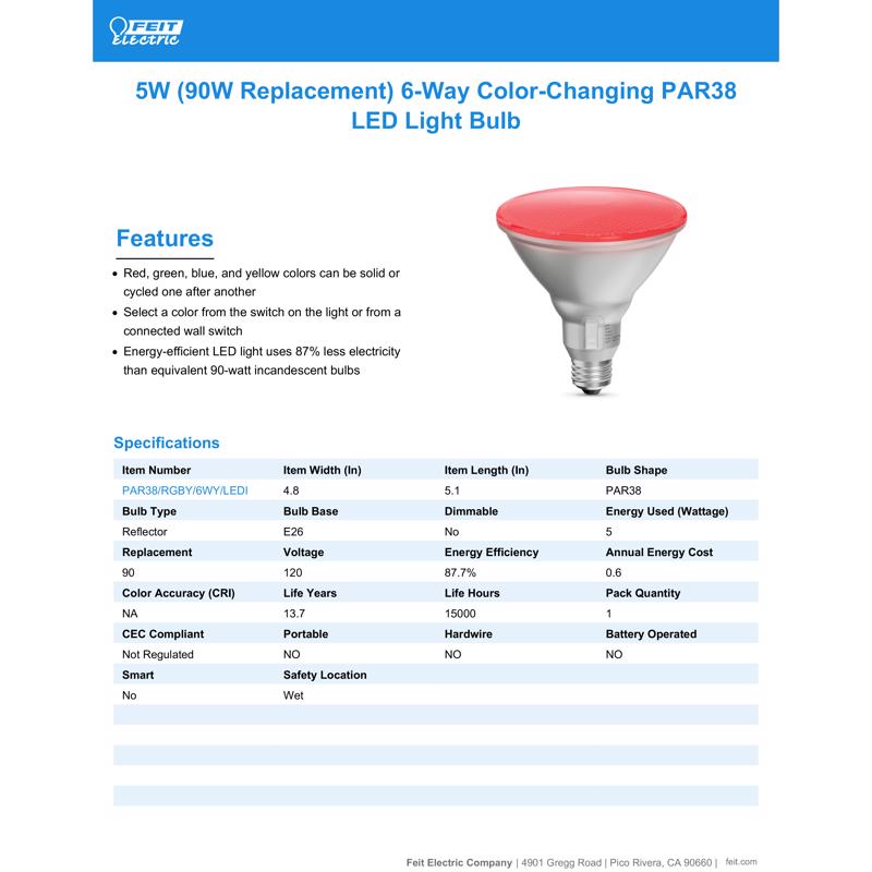 Feit LED Smart PAR38 E26 (Medium) LED Floodlight Bulb Color Changing 90 Watt Equivalence 1 pk