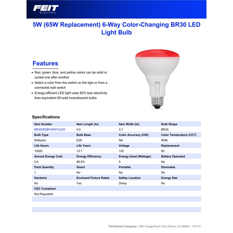 Feit LED Smart BR30 E26 (Medium) Smart-Enabled LED Floodlight Bulb Color Changing 65 Watt Equivalenc