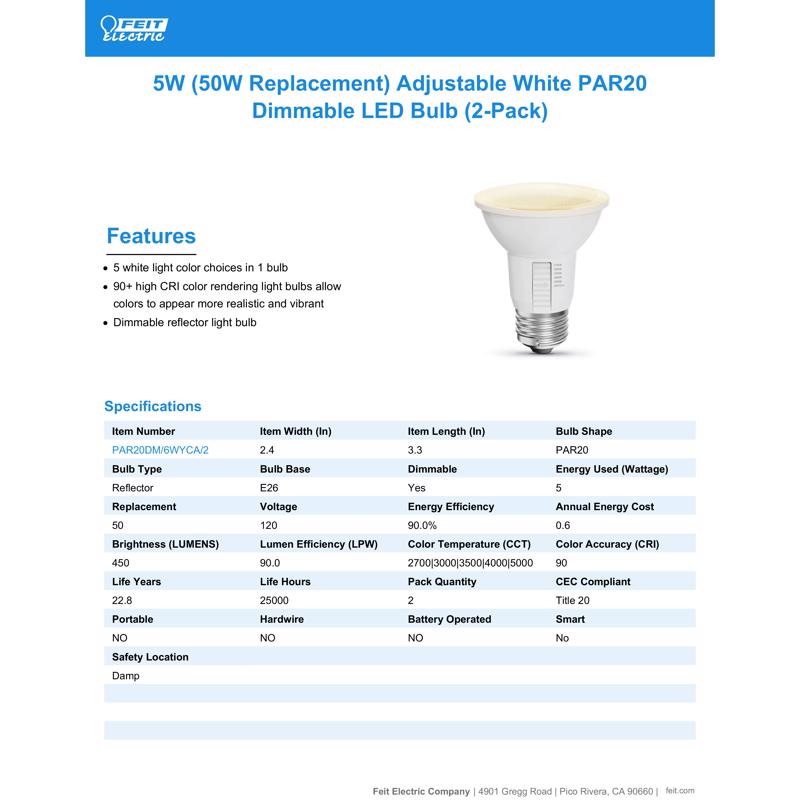 Feit LED PAR 20 E26 (Medium) LED Floodlight Bulb Tunable White/Color Changing 50 Watt Equivalence 2