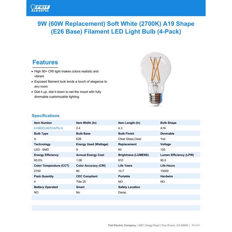 Feit Enhance A19 E26 (Medium) Filament LED Bulb Soft White 60 Watt Equivalence 4 pk