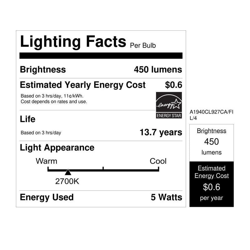 Feit Enhance A19 E26 (Medium) Filament LED Bulb Soft White 40 Watt Equivalence 4 pk