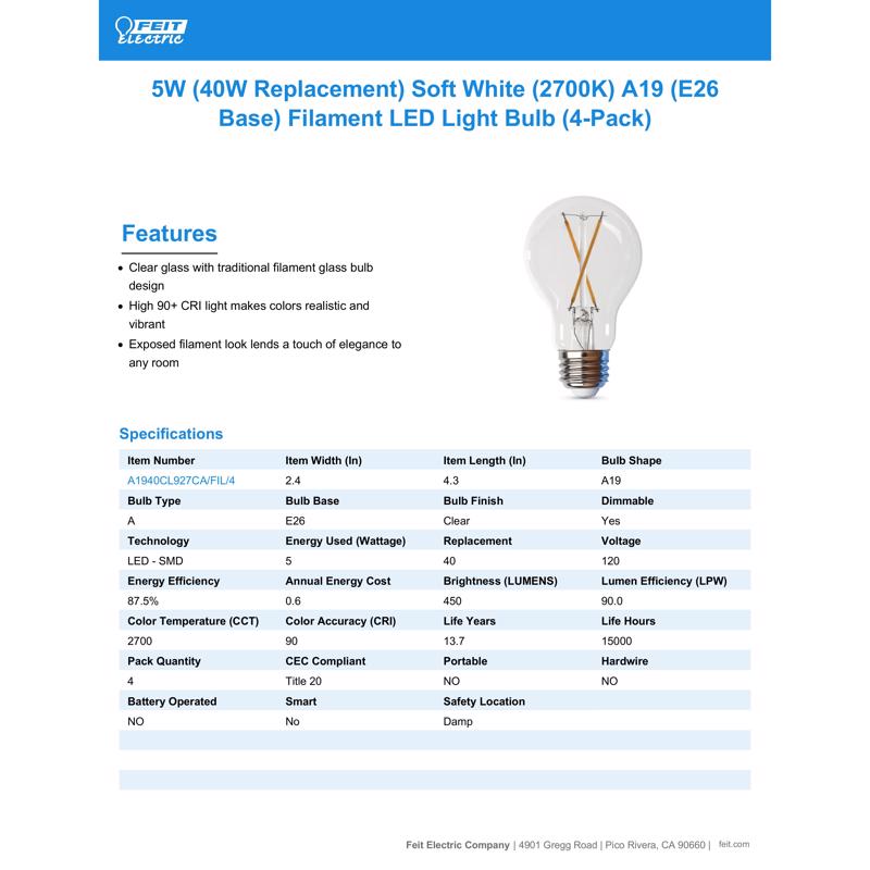 Feit Enhance A19 E26 (Medium) Filament LED Bulb Soft White 40 Watt Equivalence 4 pk