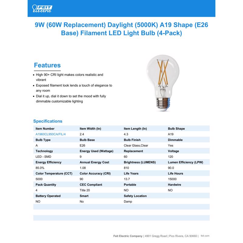 Feit Enhance A19 E26 (Medium) Filament LED Bulb Daylight 60 Watt Equivalence 4 pk
