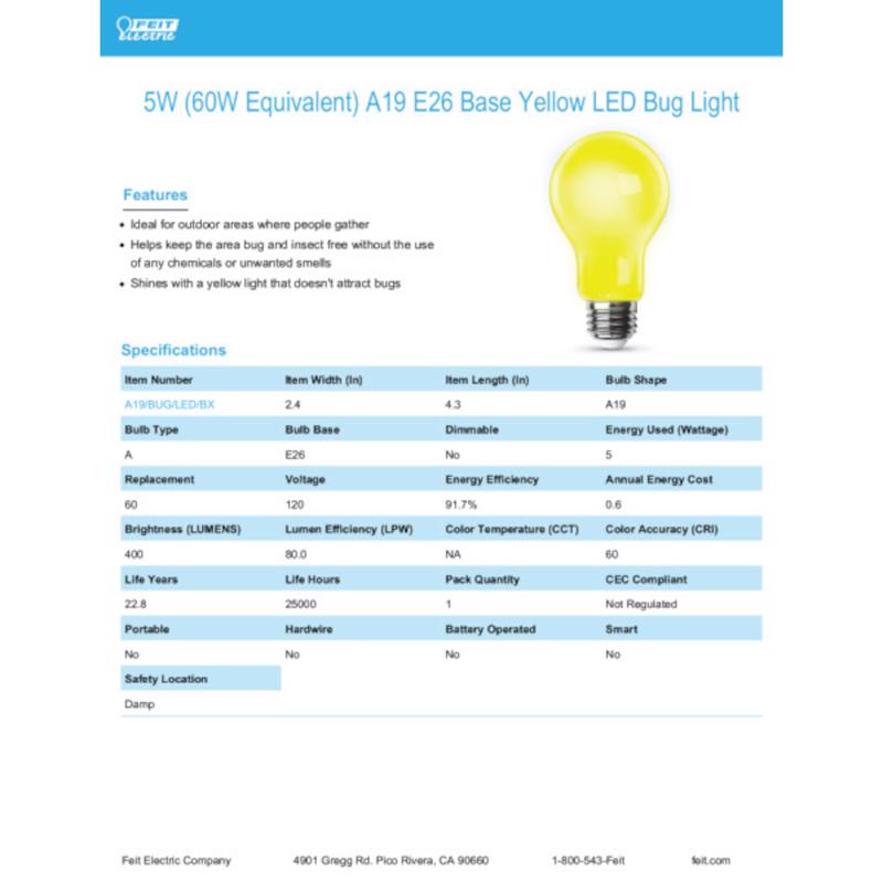 Feit LED Specialty A19 E26 (Medium) LED Bug Light Yellow 60 Watt Equivalence 1 pk