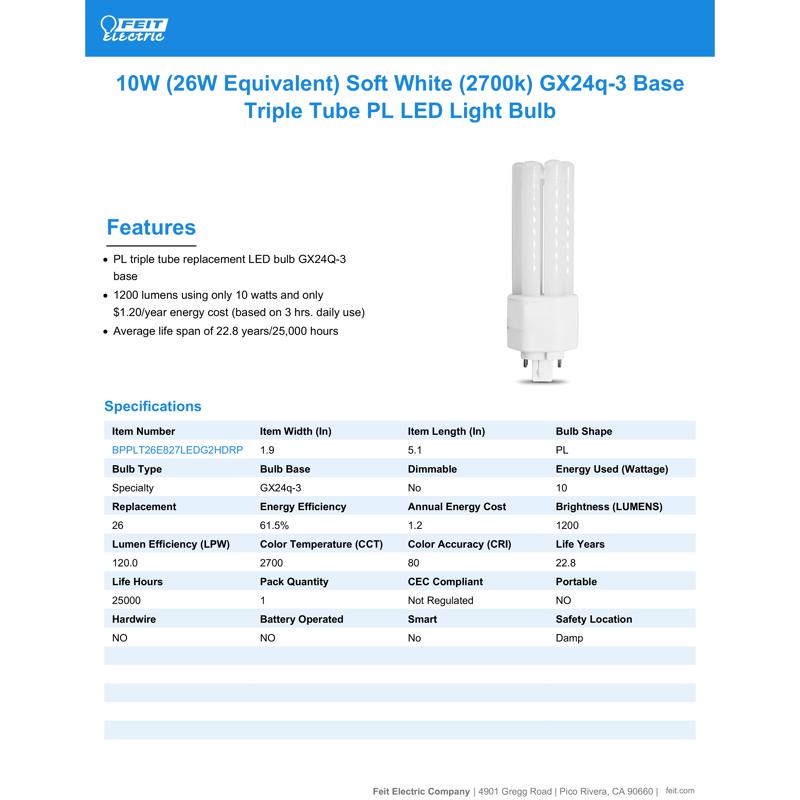 Feit LED Linear PL GX24Q-3 4-Pin LED Bulb Soft White 26 Watt Equivalence 1 pk