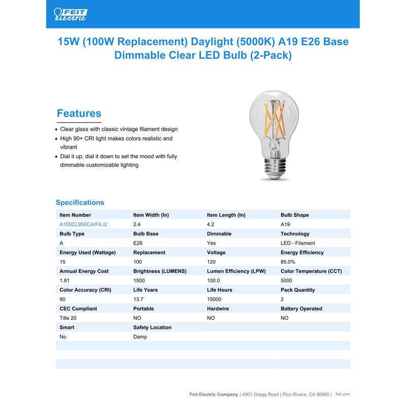 Feit Enhance A19 E26 (Medium) Filament LED Bulb Daylight 100 Watt Equivalence 2 pk