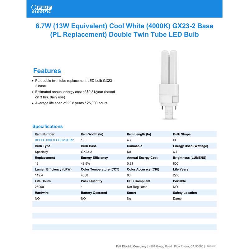 Feit LED Linear PL GX23-2 LED Bulb Cool White 13 Watt Equivalence 1 pk