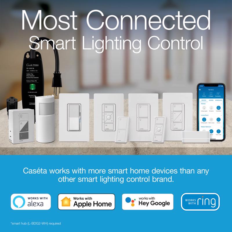 Lutron Caseta 5 amps Single Pole Smart Smart-Enabled Rocker Switch White 1 pk