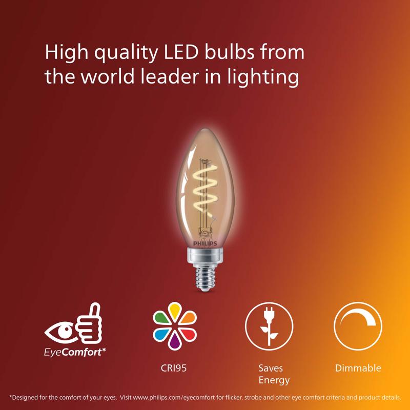 Philips B11 E12 (Candelabra) LED Bulb Amber 25 Watt Equivalence 2 pk