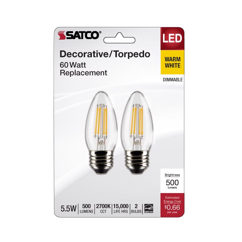 Satco B11 E26 (Medium) Filament LED Bulb Warm White 60 Watt Equivalence 2 pk