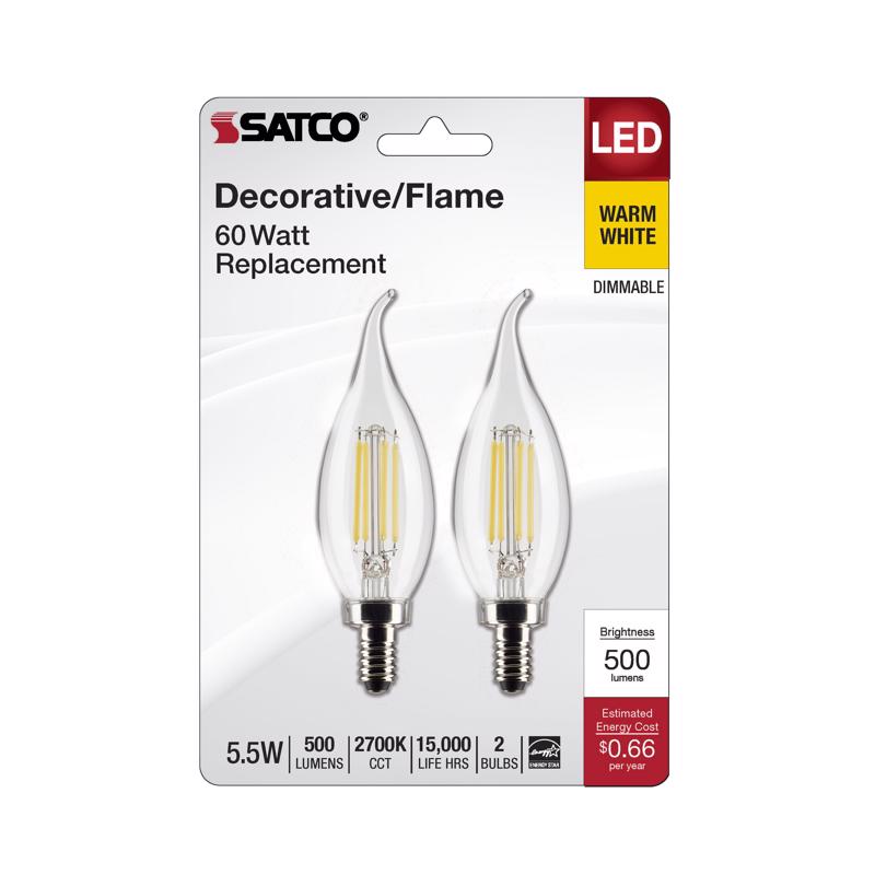 Satco CA10 (Flame Tip) E12 (Candelabra) Filament LED Bulb Warm White 60 Watt Equivalence 2 pk