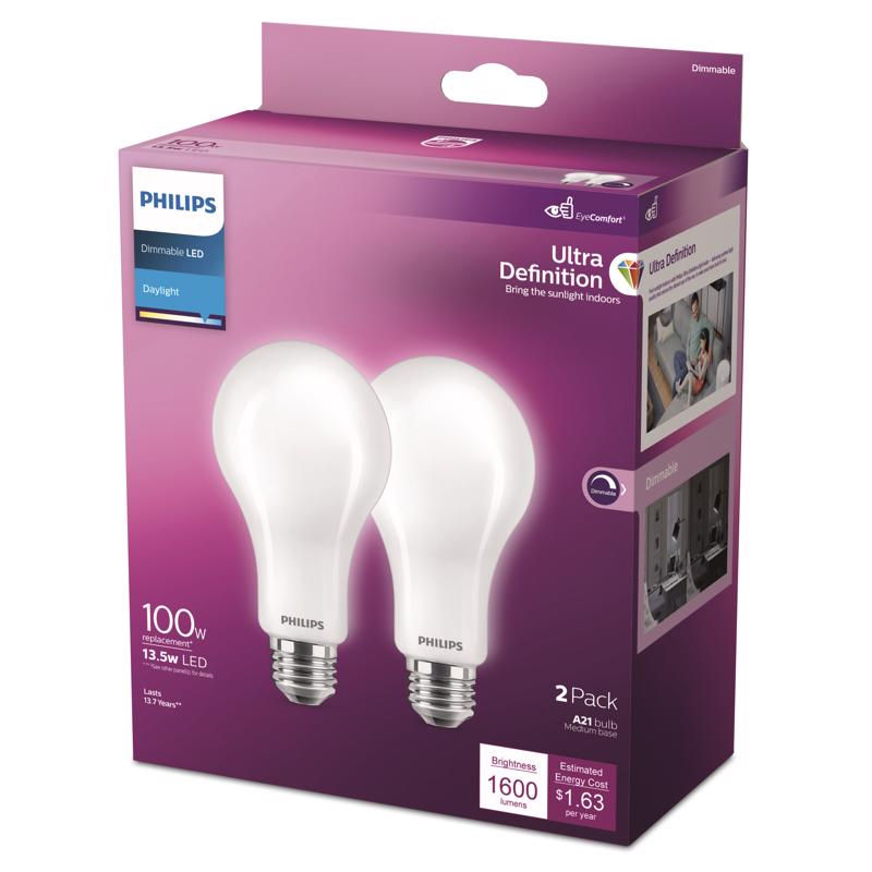 Philips Ultra Definition A21 E26 (Medium) LED Bulb Daylight 100 Watt Equivalence 2 pk