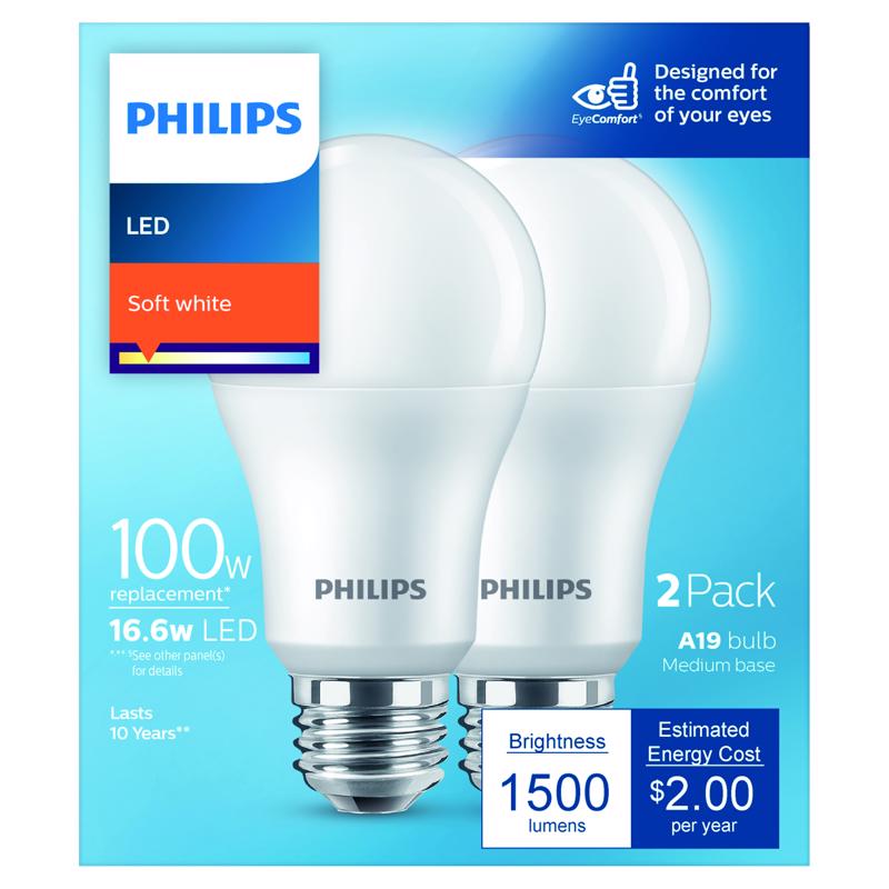 Philips A19 E26 (Medium) LED Bulb Soft White 100 Watt Equivalence 2 pk