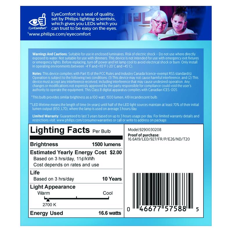 Philips A19 E26 (Medium) LED Bulb Soft White 100 Watt Equivalence 2 pk