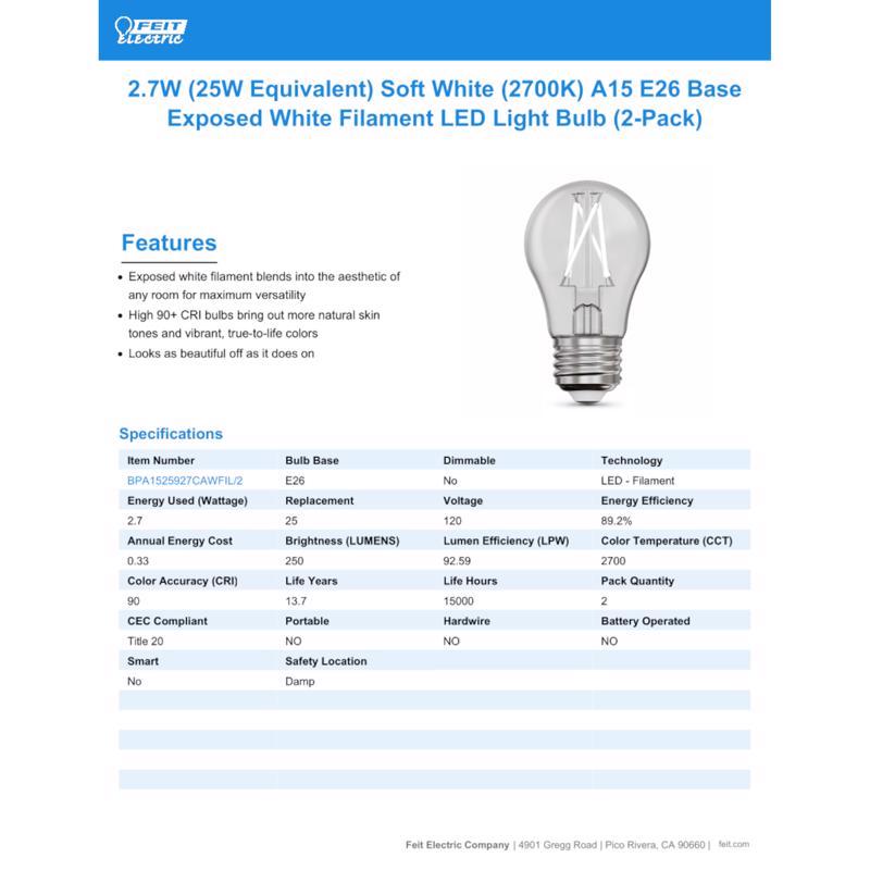 Feit White Filament A15 E26 (Medium) Filament LED Bulb Soft White 25 Watt Equivalence 2 pk