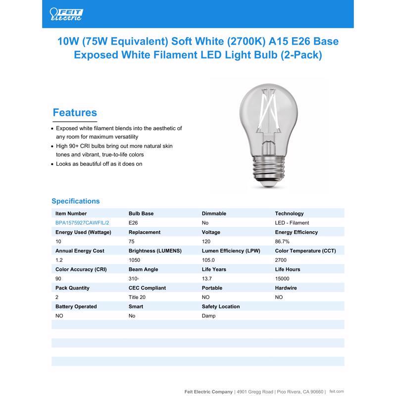 Feit White Filament A15 E26 (Medium) Filament LED Bulb Soft White 75 Watt Equivalence 2 pk