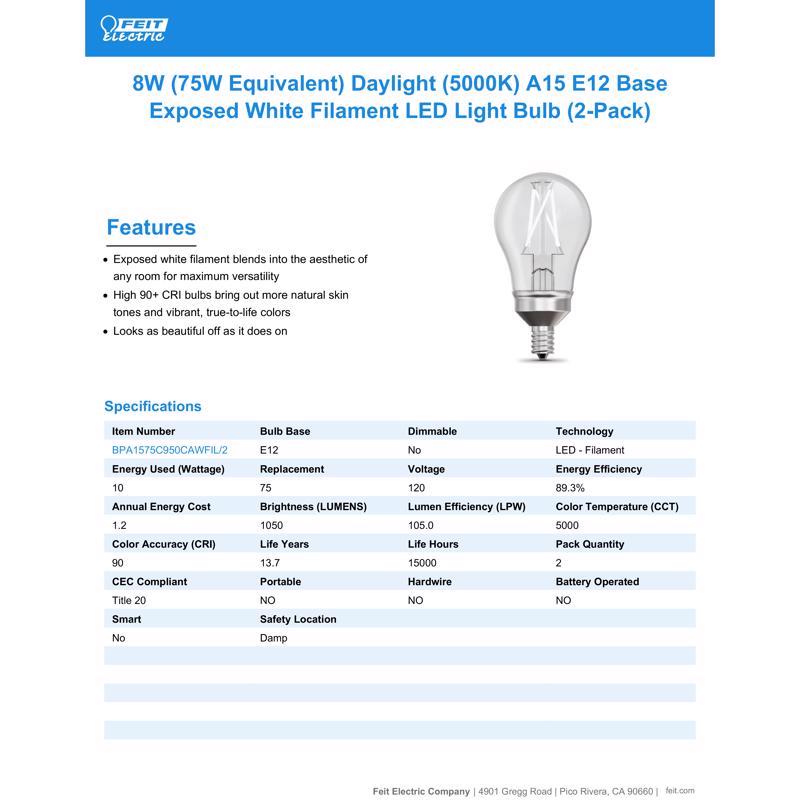 Feit White Filament A15 E12 (Candelabra) Filament LED Bulb Daylight 75 Watt Equivalence 2 pk