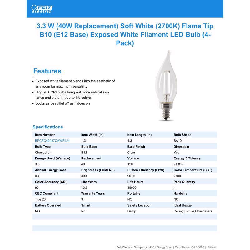 Feit White Filament BA10 E12 (Candelabra) Filament LED Bulb Soft White 40 Watt Equivalence 2 pk