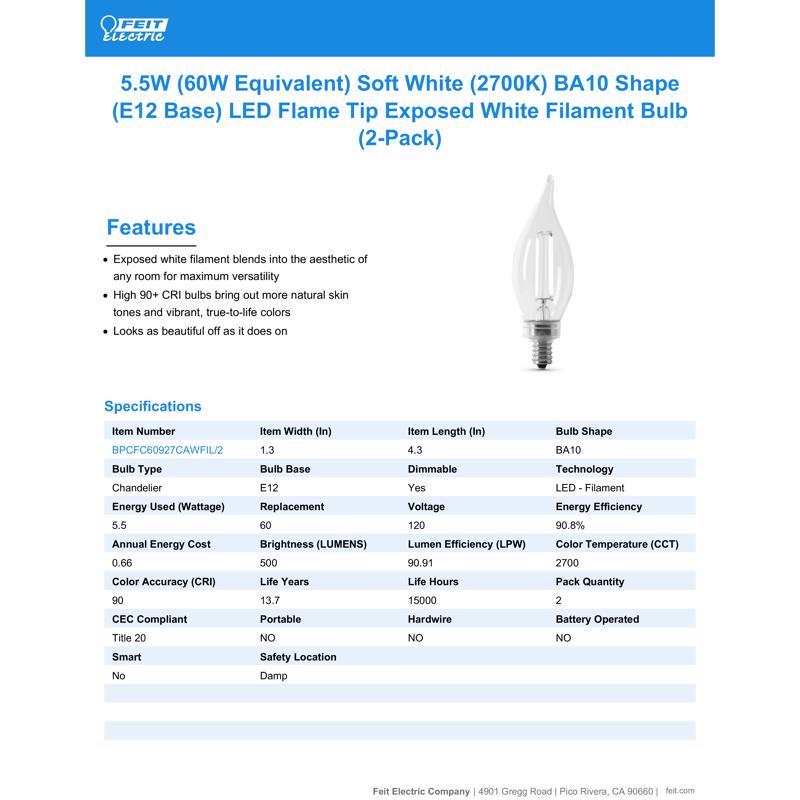 Feit White Filament BA10 E12 (Candelabra) Filament LED Bulb Soft White 60 Watt Equivalence 2 pk