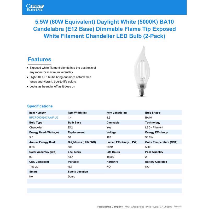 Feit White Filament BA10 E12 (Candelabra) LED Flame Bulb Daylight 60 Watt Equivalence 2 pk