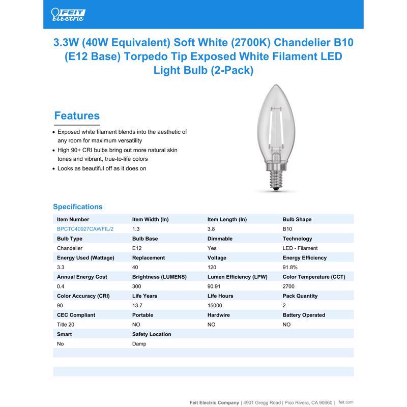 Feit White Filament B10 E12 (Candelabra) Filament LED Bulb Soft White 40 Watt Equivalence 2 pk