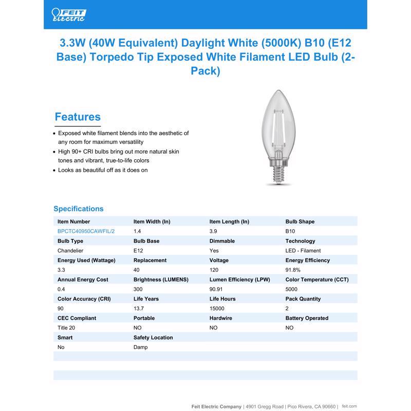 Feit White Filament B10 E12 (Candelabra) Filament LED Bulb Daylight 40 Watt Equivalence 2 pk