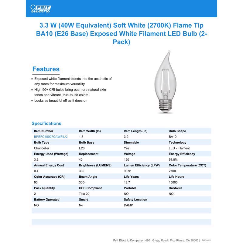 Feit White Filament BA10 E26 (Medium) Filament LED Bulb Soft White 40 Watt Equivalence 2 pk