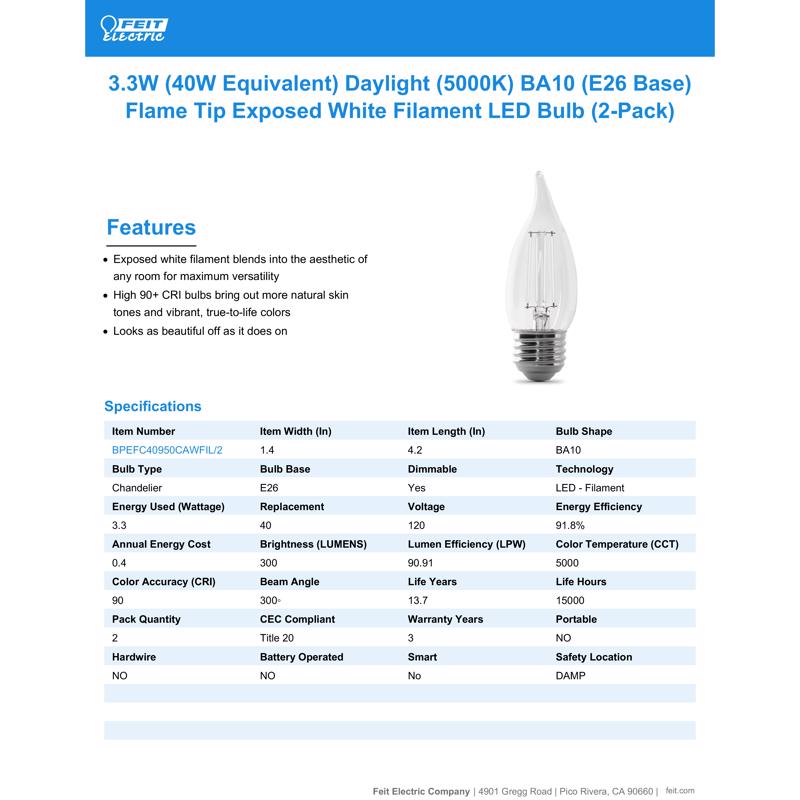 Feit White Filament BA10 E26 (Medium) Filament LED Bulb Daylight 40 Watt Equivalence 2 pk