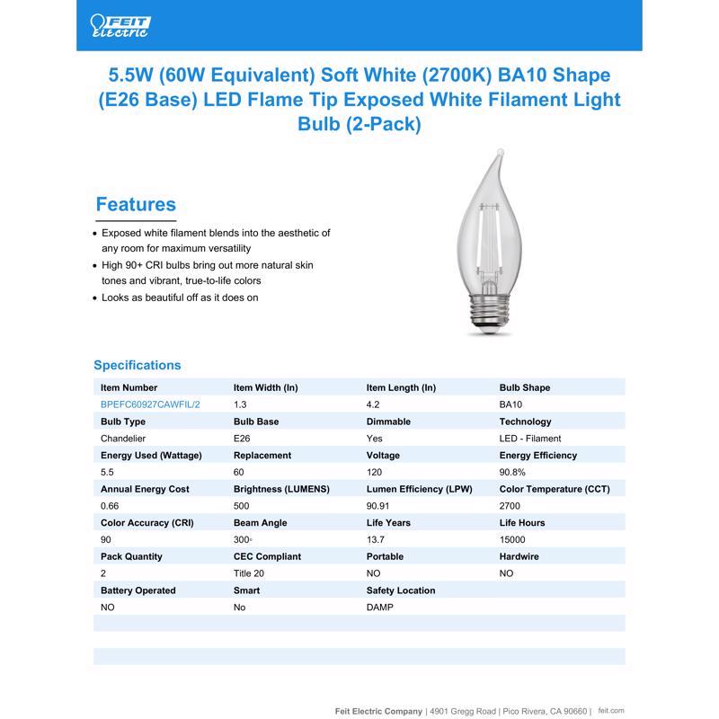 Feit White Filament BA10 E26 (Medium) Filament LED Bulb Soft White 60 Watt Equivalence 2 pk
