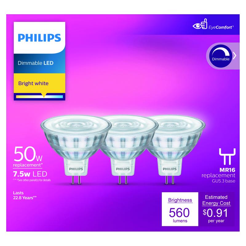 Philips MR16 GU5.3 LED Floodlight Bulb Bright White 50 Watt Equivalence 3 pk