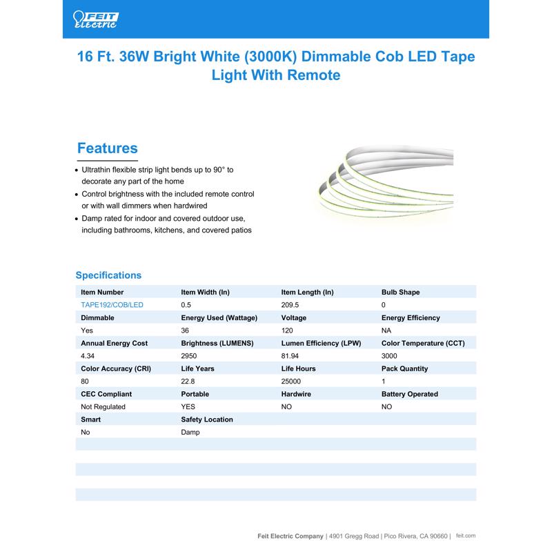 Feit LED 16 ft. L Bright White Plug-In LED Tape Light 1 pk