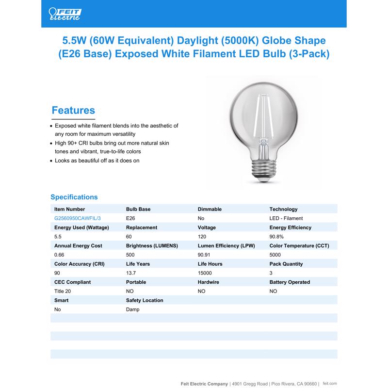 Feit White Filament G25 E26 (Medium) Filament LED Bulb Daylight 60 Watt Equivalence 3 pk