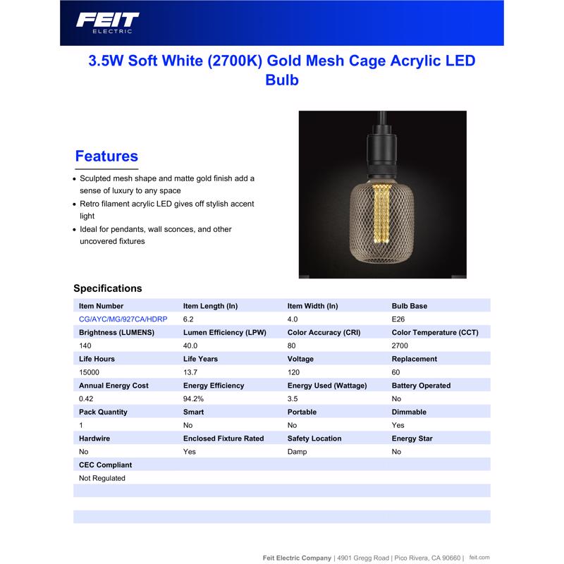 Feit Decorative E26 (Medium) Filament LED Bulb Soft White 60 Watt Equivalence 1 pk