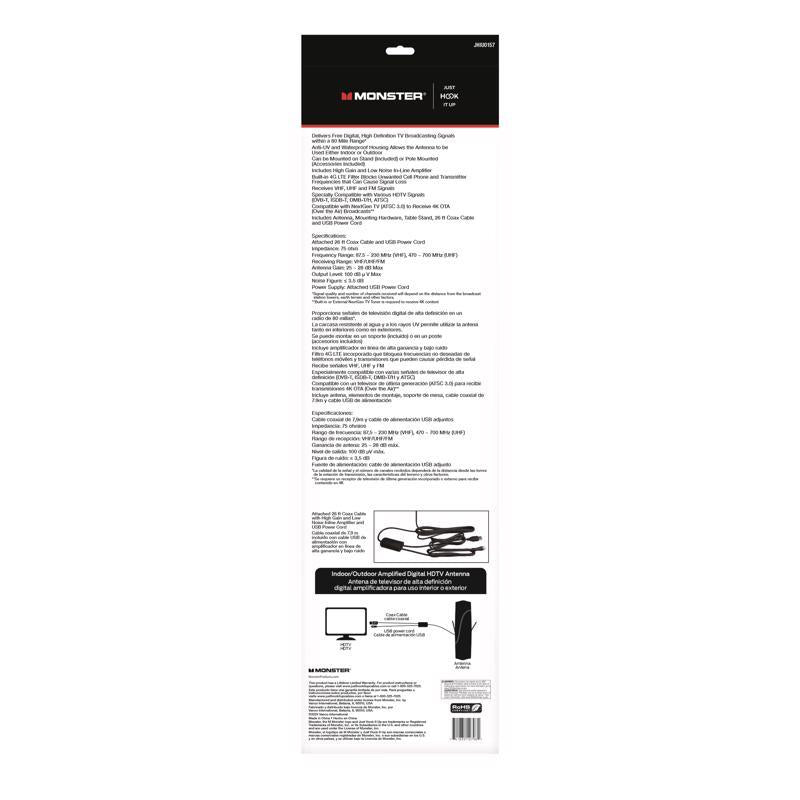 Monster Just Hook It Up Indoor and Outdoor FM/HDTV/UHF/VHF Digital Antenna 1 pk