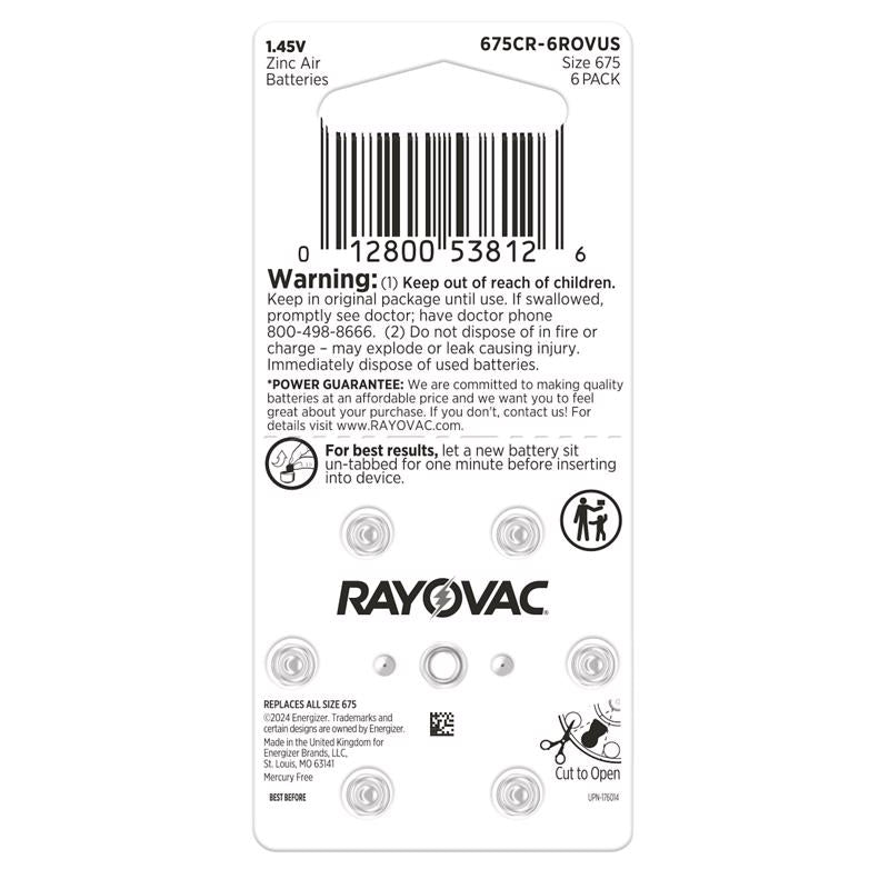 Rayovac Zinc Air 675 1.45 V Hearing Aid Battery 6 pk