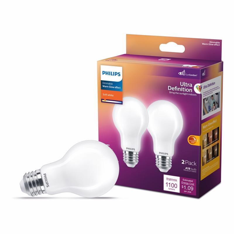 Philips A19 E26 (Medium) Filament LED Bulb Soft White 75 Watt Equivalence 2 pk