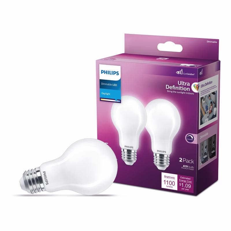 Philips A19 E26 (Medium) Filament LED Bulb Daylight 75 Watt Equivalence 2 pk