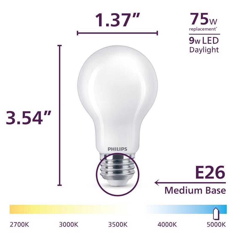 Philips A19 E26 (Medium) Filament LED Bulb Daylight 75 Watt Equivalence 2 pk