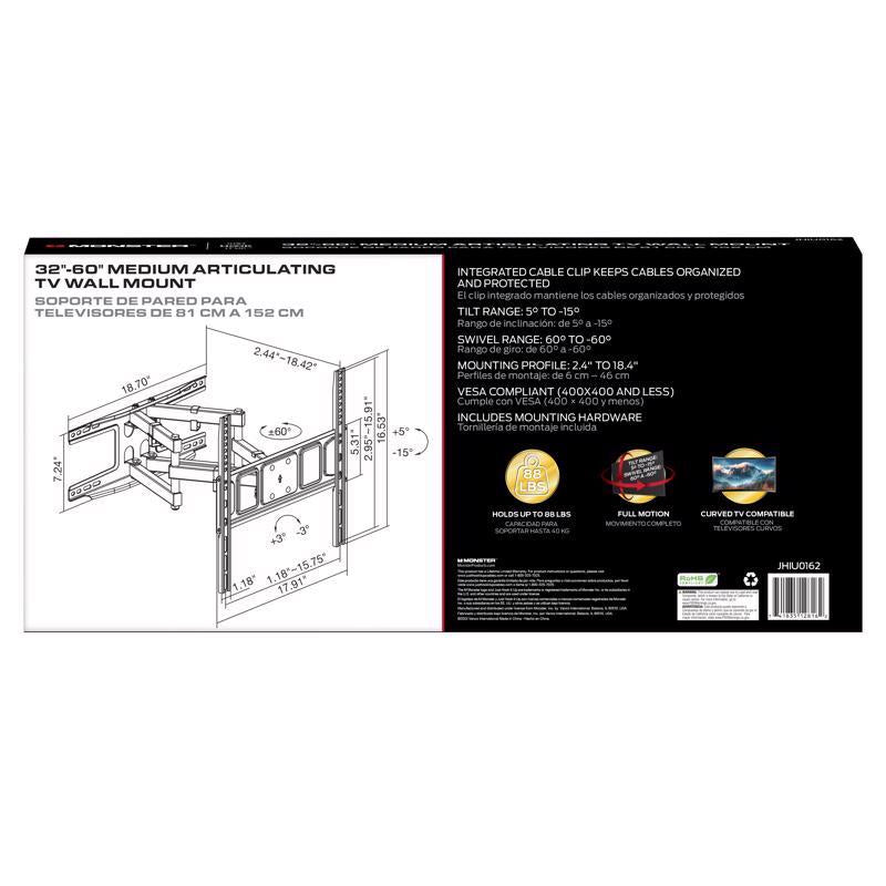 Monster Just Hook It Up 32 in to 60 in. 88 lb. cap. Tiltable Super Thin Articulating TV Wall Mount