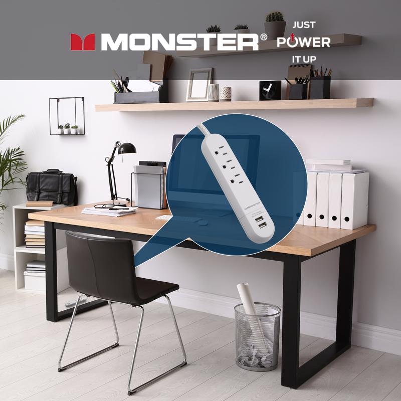 Monster 4 ft. L 3 outlets Power Strip with USB Ports White