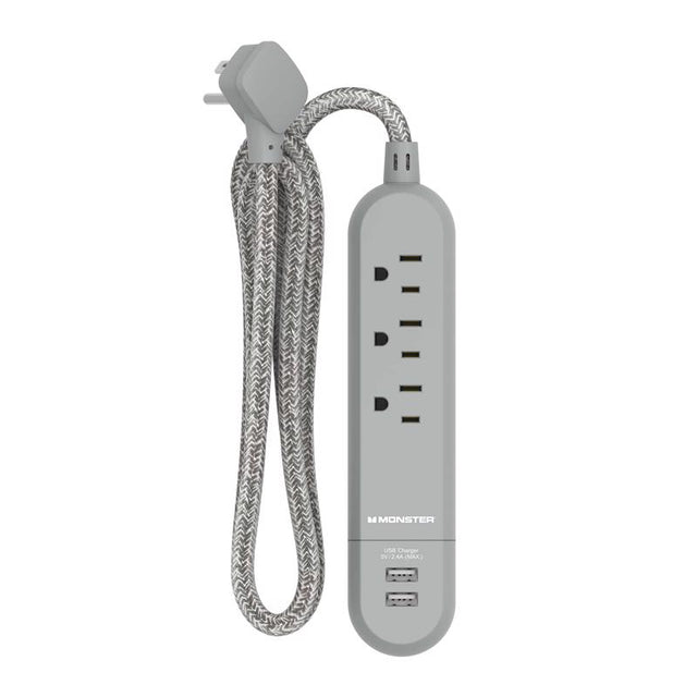 POWER STRP 3OUT 2USB GRY