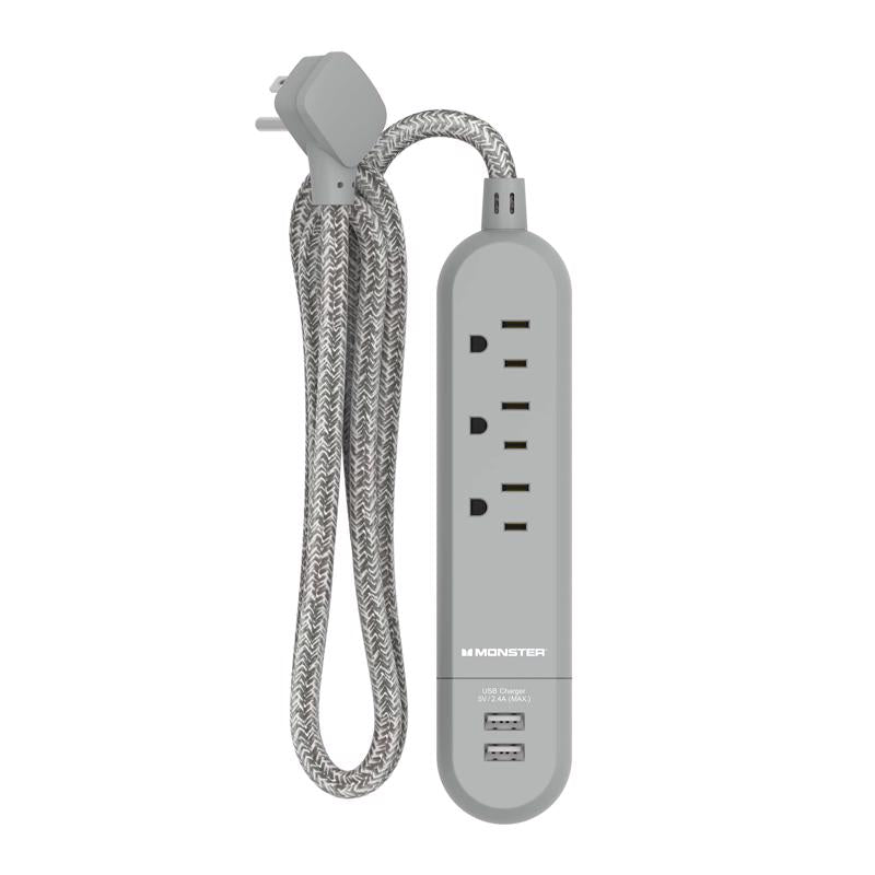 POWER STRP 3OUT 2USB GRY