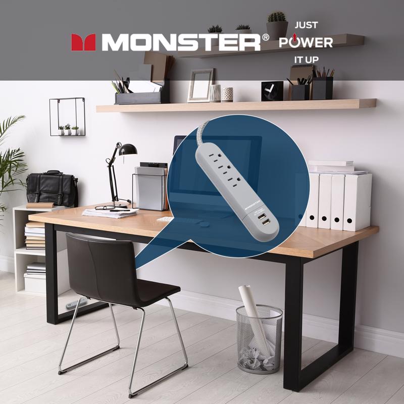 Monster 4 ft. L 3 outlets Power Strip with USB Ports Gray