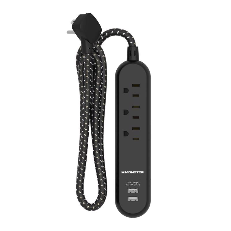 POWER STRP 3OUT 2USB BLK