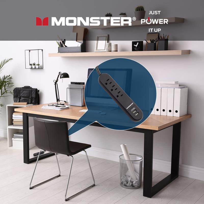 Monster 4 ft. L 3 outlets Power Strip with USB Ports Black