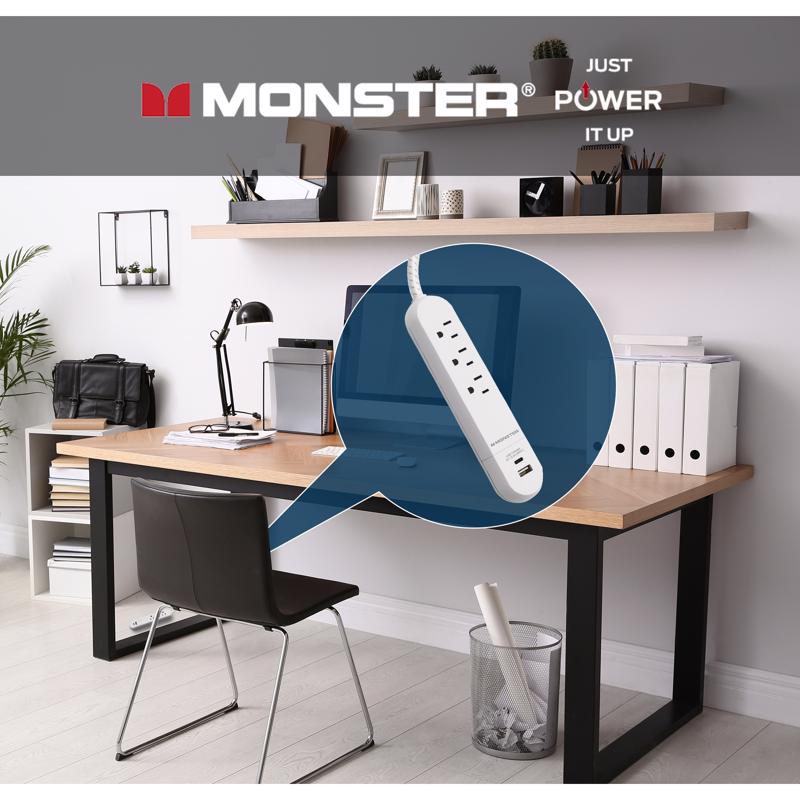 Monster 4 ft. L 3 outlets Power Strip with USB Ports White