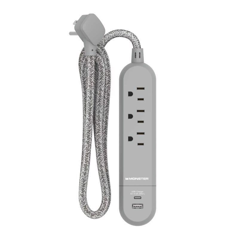 POWER STRP 3OUT 1USB GRY