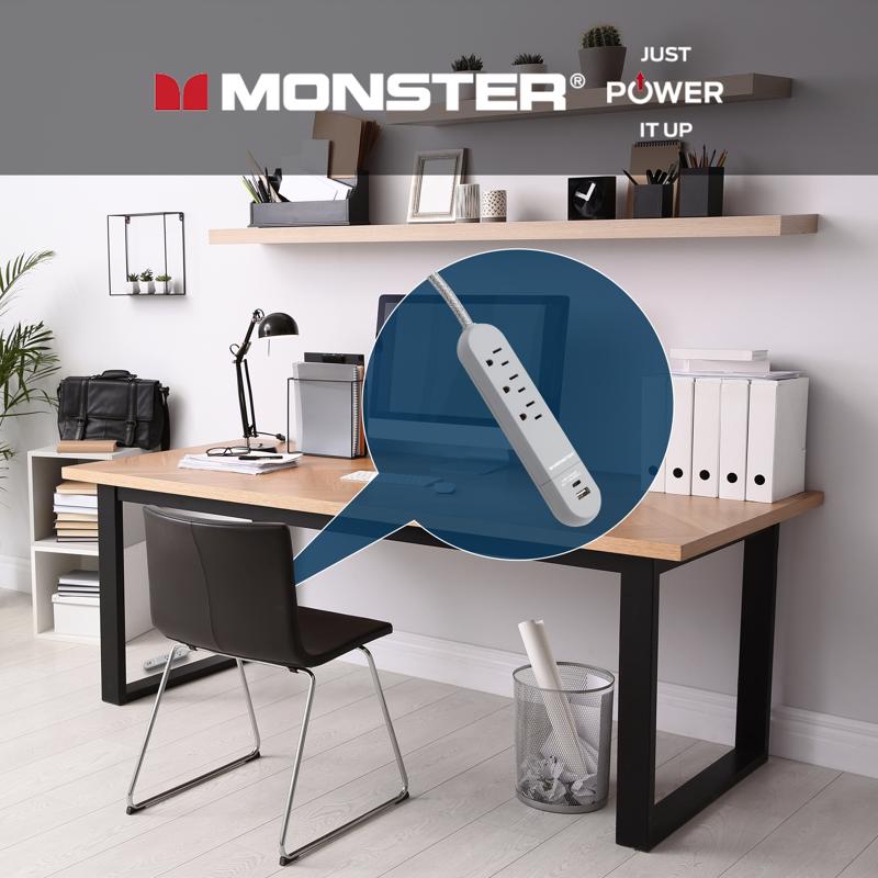 Monster 4 ft. L 3 outlets Power Strip with USB Ports Gray